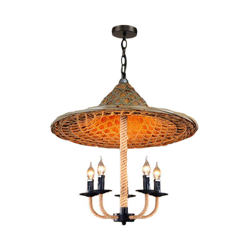 Candle Chandelier Lighting with Hat Design Lodge Style Rattan 5 Lights Beige Hanging Lamp for Dining Room