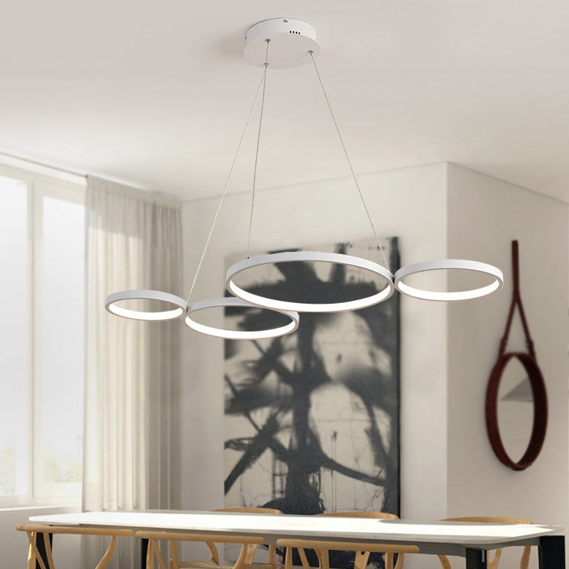 4 Rings Acrylic Ceiling Chandelier Simple LED Black/White Drop Pendant over Table in Warm/White/Natural Light