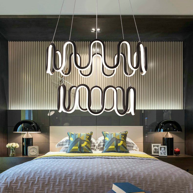 Black Curved Chandelier Simple LED 1/2/3-Head Acrylic Suspension Pendant in Warm/White Light