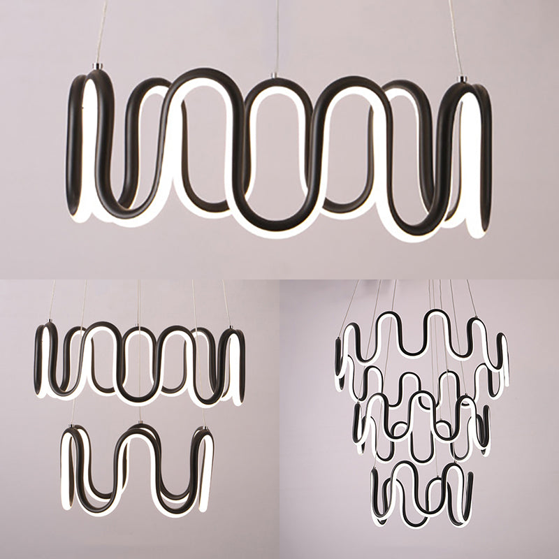 Black Curved Chandelier Simple LED 1/2/3-Head Acrylic Suspension Pendant in Warm/White Light