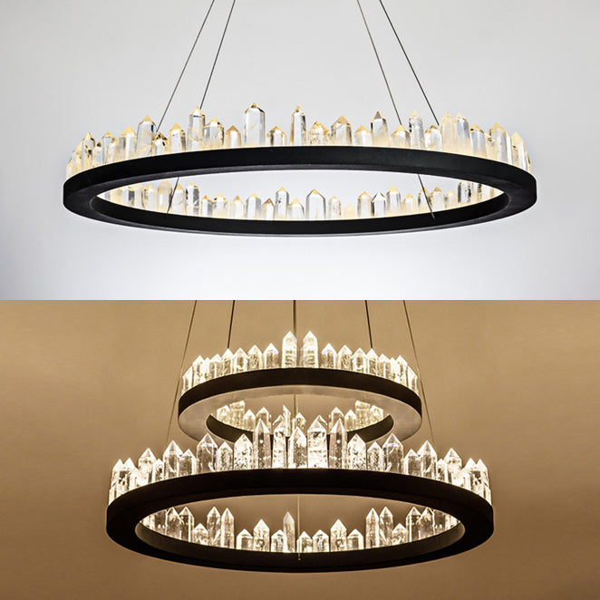 1/2-Light Circular Chandelier Lamp Contemporary Crystal LED Black Hanging Light Fixture in Warm/White Light for Living Room