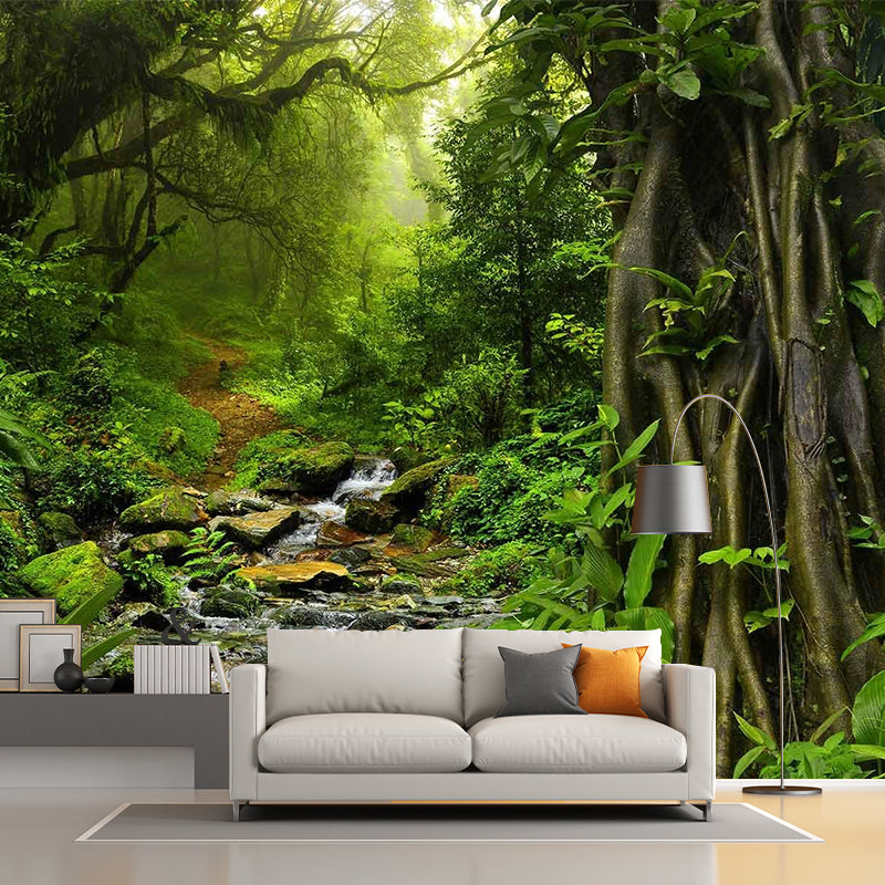 Green Contemporary Wall Art Personalized Size Deep Forest Mural Wallpaper for Dining Room