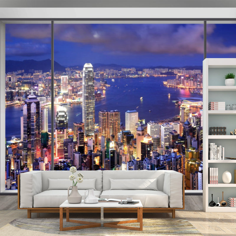 Modern City Scenery Wall Mural for Meeting Room Decoration, Custom-Made Wall Art in Blue and Purple
