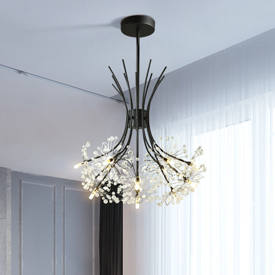 Clear Crystal Beaded Chandelier Lighting with Bouquet Design Modern 13/19 Lights Black/Chrome Hanging Lamp