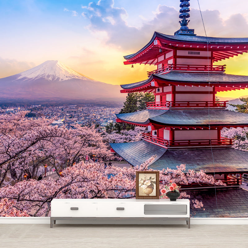 Pagoda and Cherry Blossom Mural Wallpaper Pink Japanese Style Wall Decor for Home