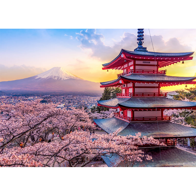 Pagoda and Cherry Blossom Mural Wallpaper Pink Japanese Style Wall Decor for Home
