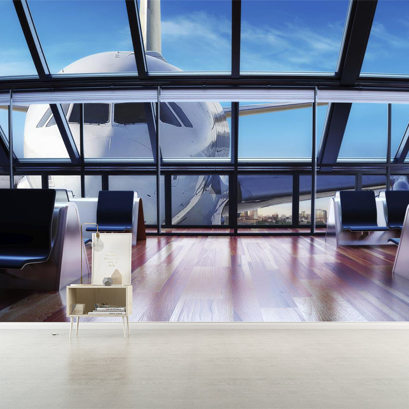 Custom Photography Modern Murals with An Airplane Approaching The Window Pattern, Blue-White