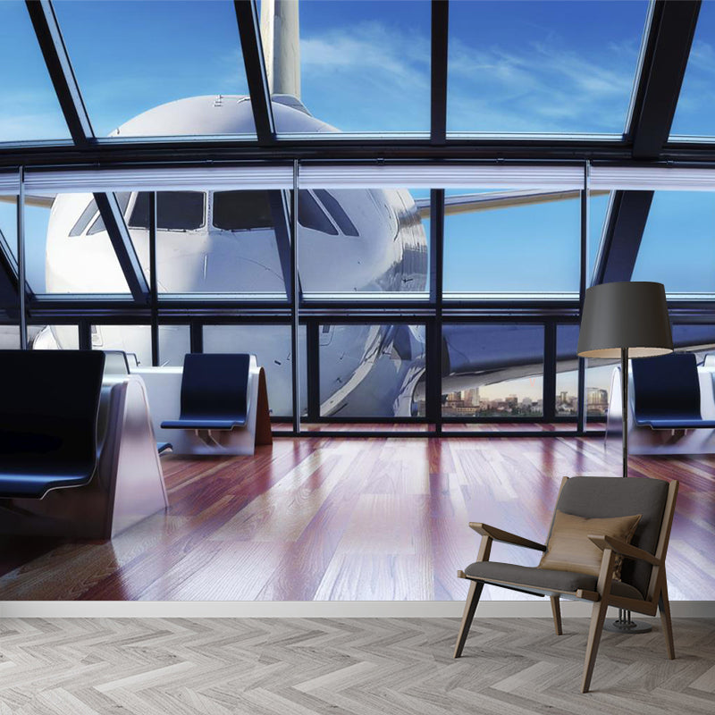 Custom Photography Modern Murals with An Airplane Approaching The Window Pattern, Blue-White