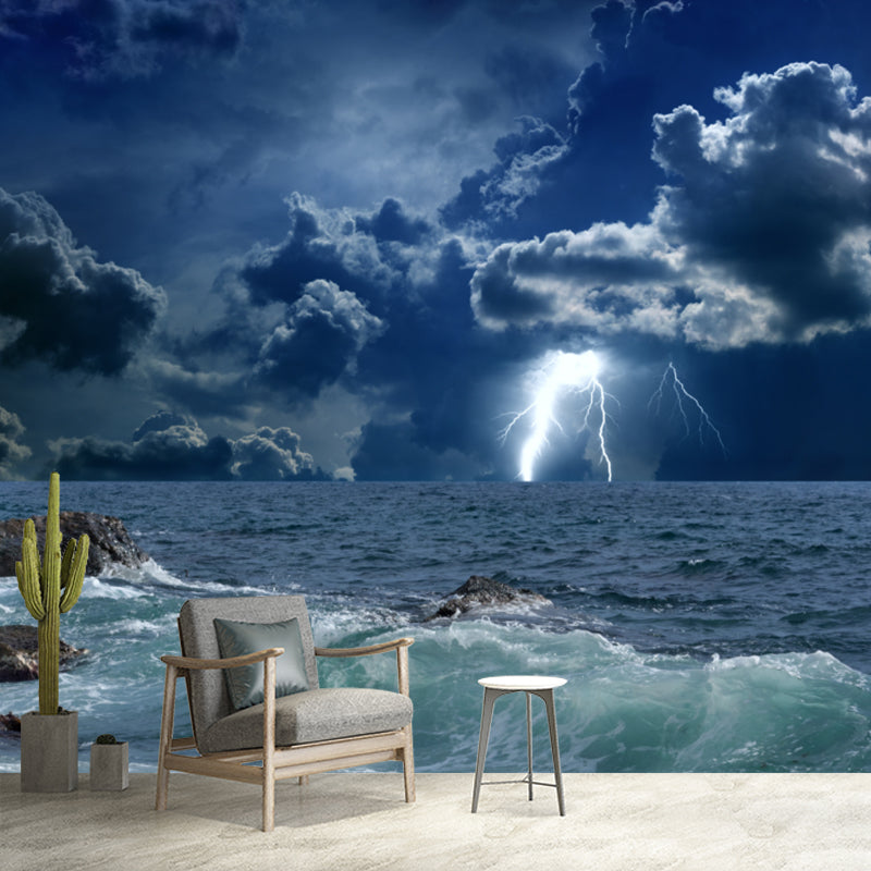 Photography Storm At Sea Mural Large Size Wall Decoration for Living Room, Blue