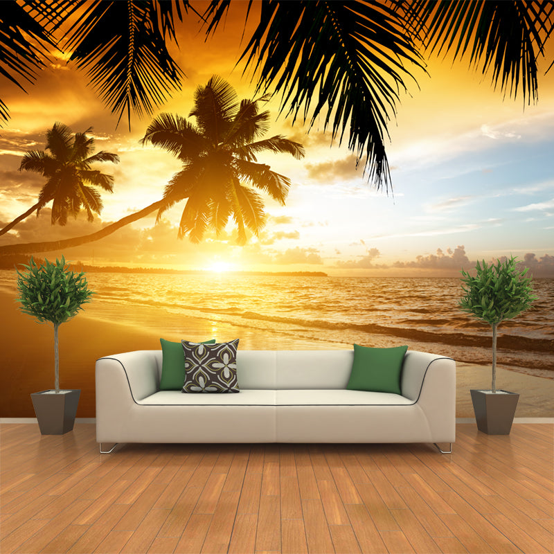 Tropical Sunset at Beach Murals Brown Stain Resistant Wall Covering for Home Decor
