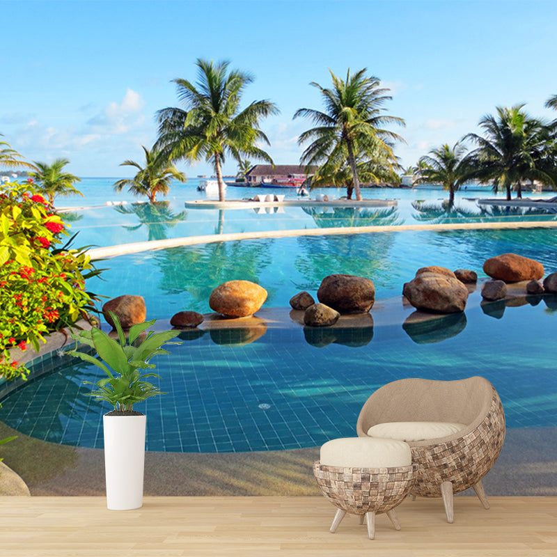 Tropical Swimming Pool Wall Murals Non-Woven Waterproof Blue and Green Wall Art for Living Room