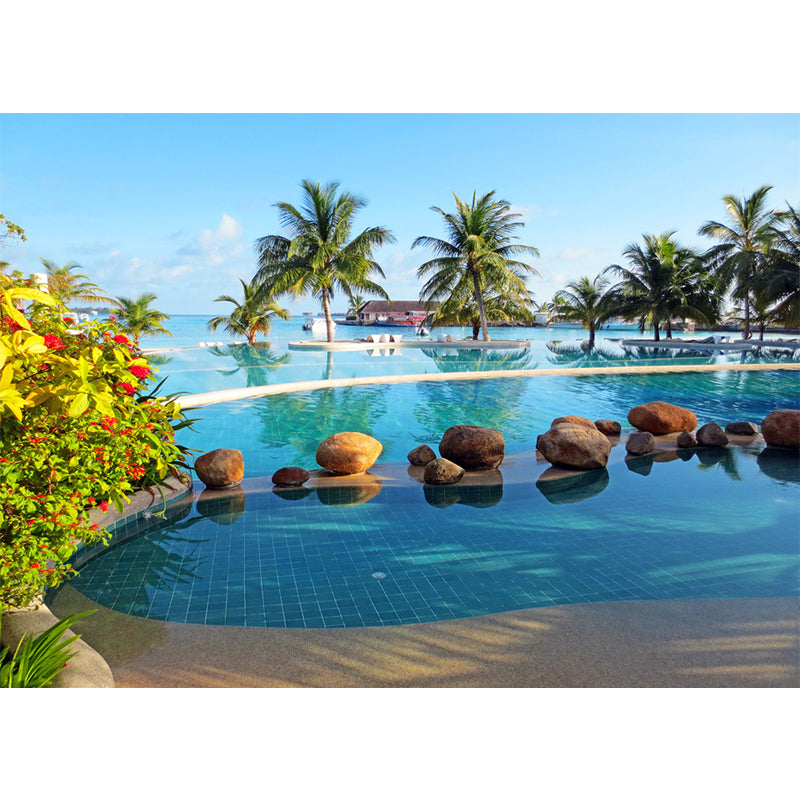 Tropical Swimming Pool Wall Murals Non-Woven Waterproof Blue and Green Wall Art for Living Room