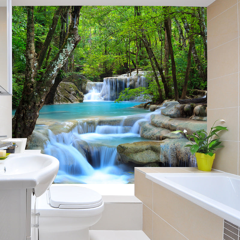 Green Forest Waterfall Murals Stain Resistant Wall Covering for Living Room Decor