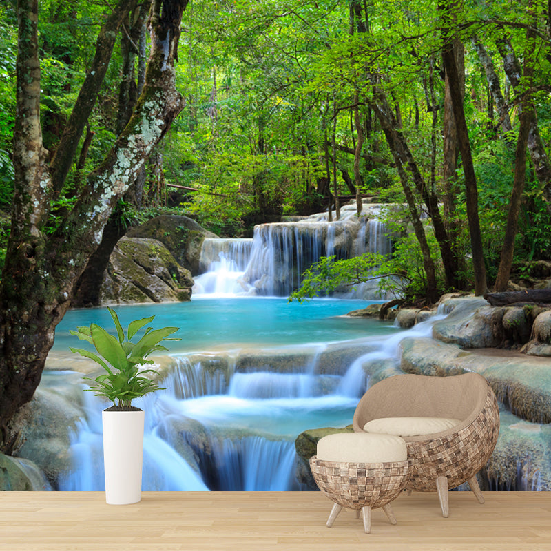Green Forest Waterfall Murals Stain Resistant Wall Covering for Living Room Decor