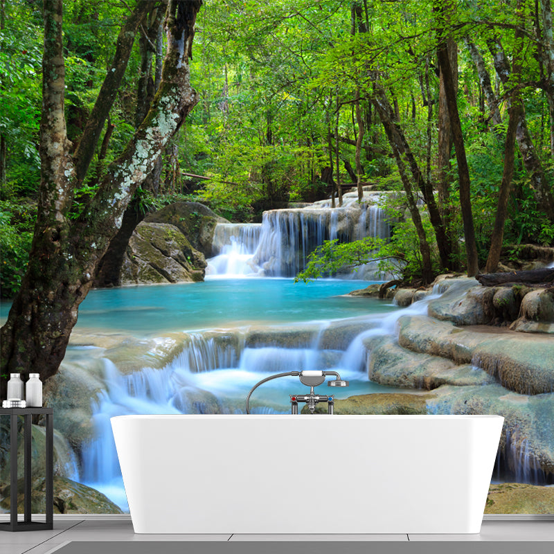 Green Forest Waterfall Murals Stain Resistant Wall Covering for Living Room Decor