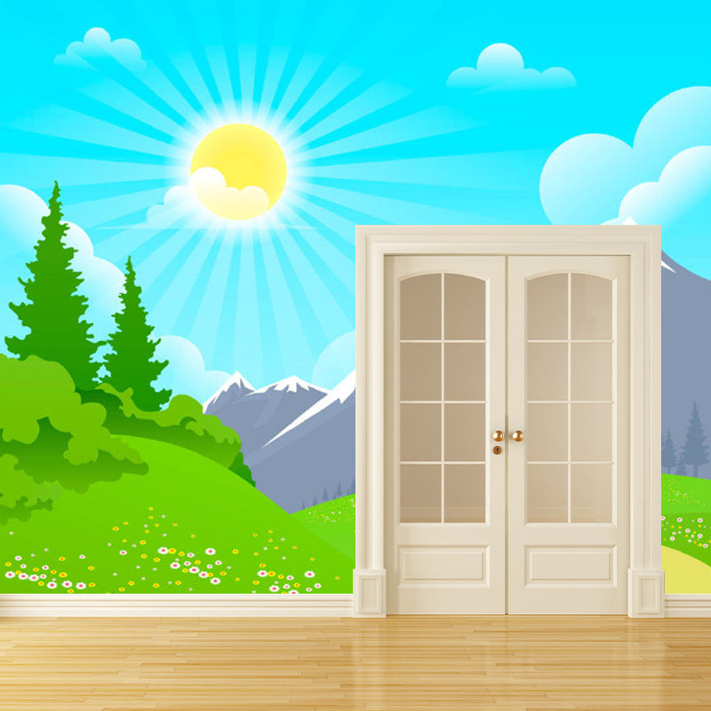 Cartoon Childrens Mural Wallpaper with Early Spring Mountain Pattern Blue-Yellow-Green Wall Art for Daycare