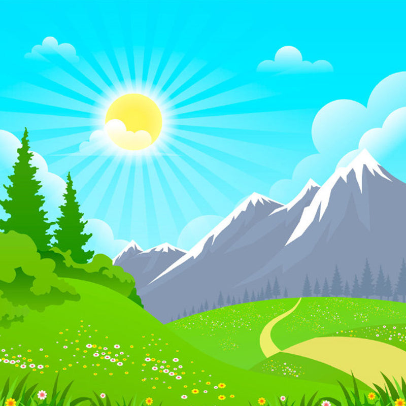 Cartoon Childrens Mural Wallpaper with Early Spring Mountain Pattern Blue-Yellow-Green Wall Art for Daycare