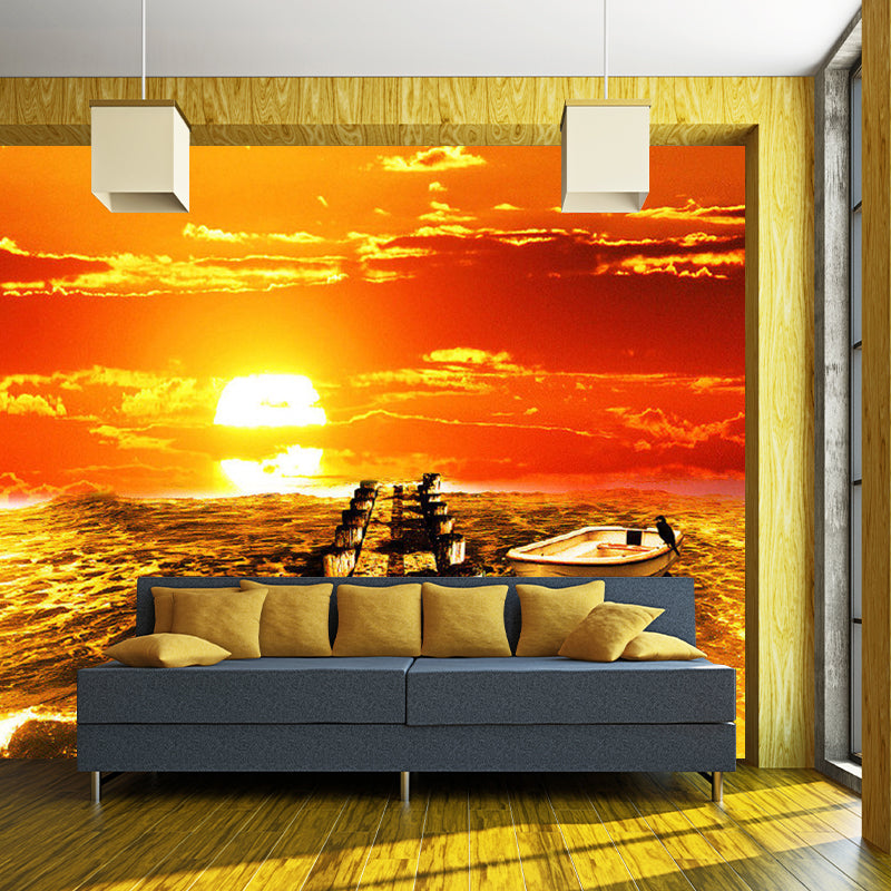 Photography Sea Sunset Mural Wallpaper for Living Room in Orange, Custom Size Available