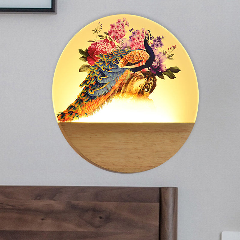 Circular Peacock/Blossoms Wall Mural Lamp Asia Style Acrylic LED Wood Wall Mount Light Fixture for Bedroom