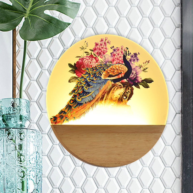 Circular Peacock/Blossoms Wall Mural Lamp Asia Style Acrylic LED Wood Wall Mount Light Fixture for Bedroom