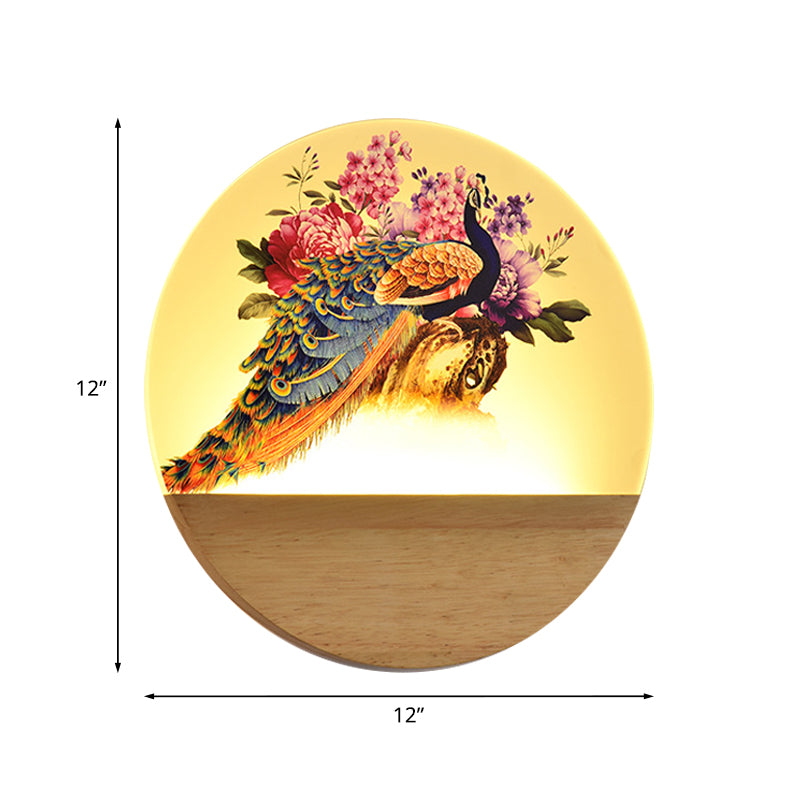 Circular Peacock/Blossoms Wall Mural Lamp Asia Style Acrylic LED Wood Wall Mount Light Fixture for Bedroom