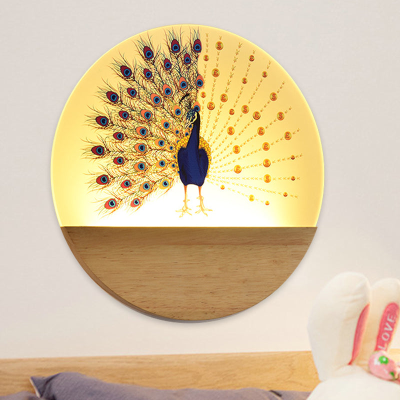 Circular Peacock/Blossoms Wall Mural Lamp Asia Style Acrylic LED Wood Wall Mount Light Fixture for Bedroom
