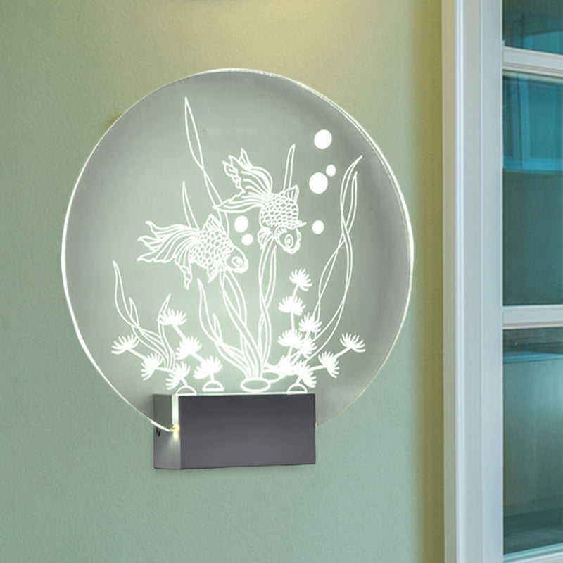 Clear Rounded Fish and Coral Wall Mural Light Asia Style LED Acrylic Wall Lamp for Bedroom
