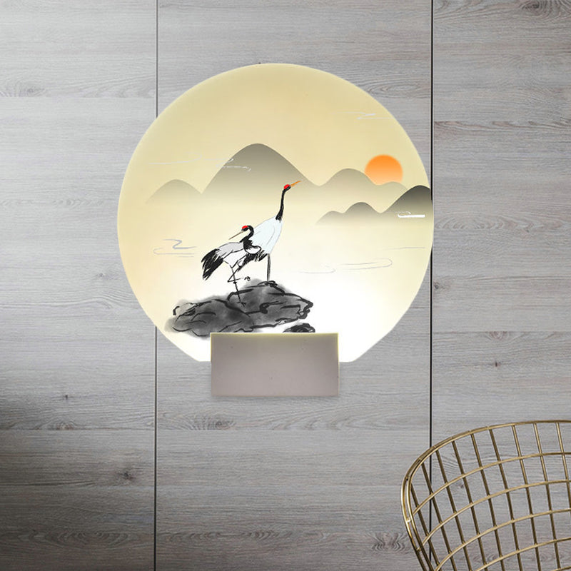 Style chinois Arrondé Mural Mural LED LED MURD MURD MURD EN BLANC AVEC LA MOUNTAIRE ET CRANE DESIGN