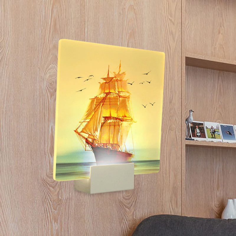 White Square Wall Mural Light Oriental Style LED Acrylic Sailing Boat and Sea Wall Lamp