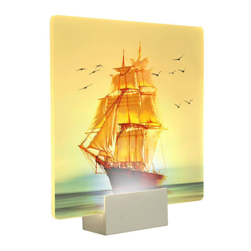 White Square Wall Mural Light Oriental Style LED Acrylic Sailing Boat and Sea Wall Lamp