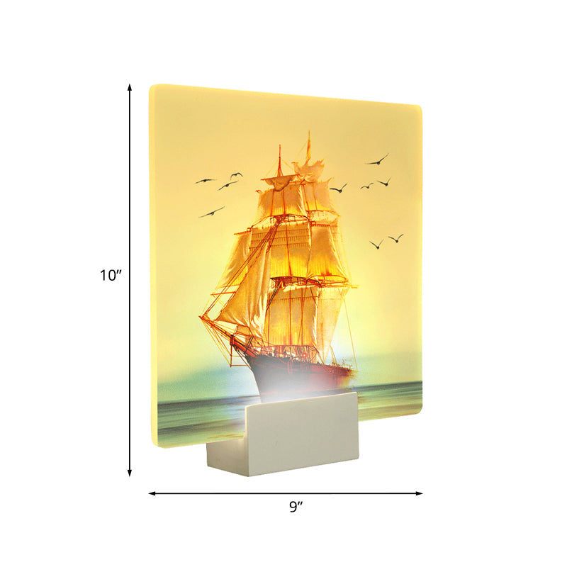 White Square Wall Mural Light Oriental Style LED Acrylic Sailing Boat and Sea Wall Lamp