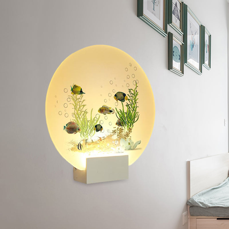 White Circular Wall Lighting Idea Oriental LED Acrylic Mural Light with Undersea Plants and Fish Design