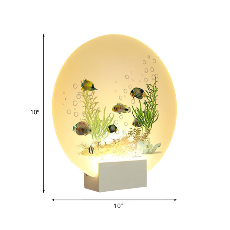White Circular Wall Lighting Idea Oriental LED Acrylic Mural Light with Undersea Plants and Fish Design