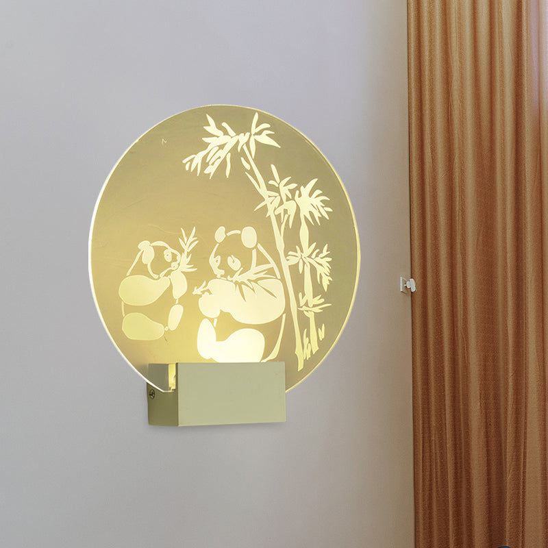 Chinese Circular Acrylic Wall Mural Lamp LED Wall Mount Light Fixture in Clear Color with Panda and Bamboo Pattern
