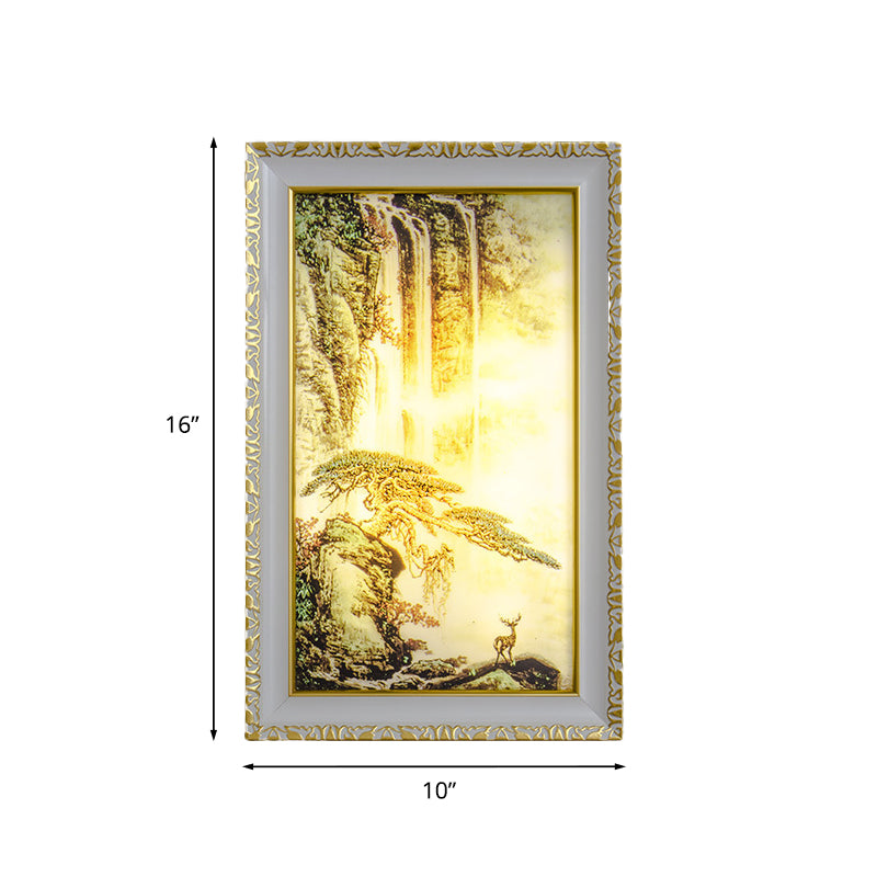 Chinese Rectangle Acrylic Wall Mural Light LED Wall Lighting in Gold with Pine Tree and Waterfall Pattern