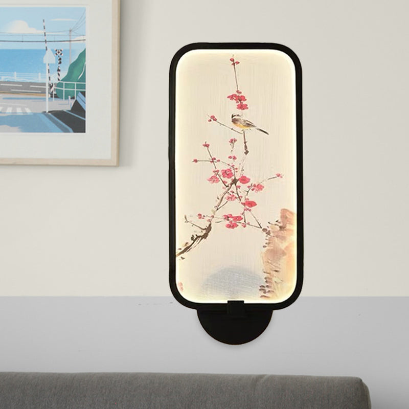 Rectangle Acrylic Plum and Bird Mural Light Chinese Style LED Black Wall Mounted Light Fixture