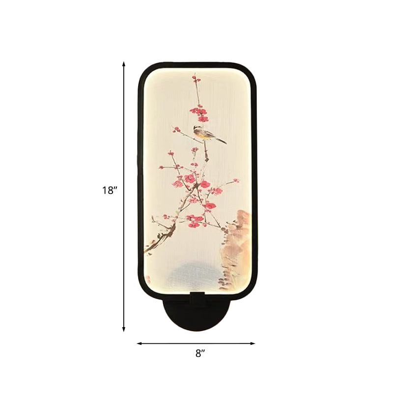Rectangle Acrylic Plum and Bird Mural Light Chinese Style LED Black Wall Mounted Light Fixture