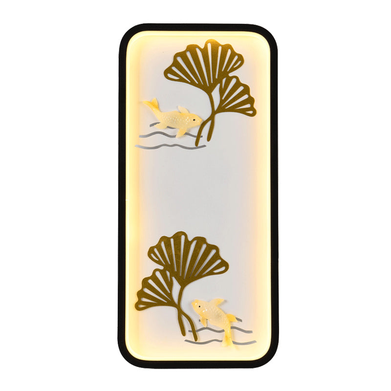 Éclairage mural à chambre à coucher LED Style chinois Black Ginkgo Mur à motifs mural mural avec une teinte en métal rectangulaire