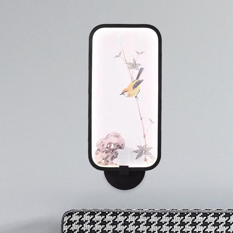 Acrylic Rectangle Wall Mural Light Chinese Style LED Black Wall Mounted Lamp with Bird Pattern