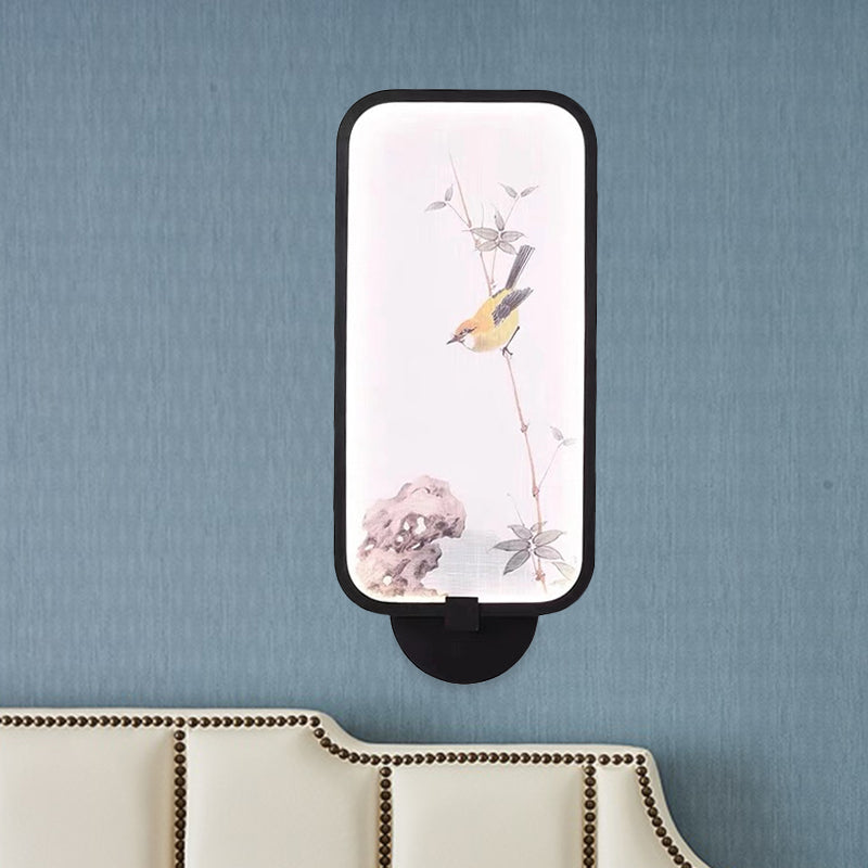 Acrylic Rectangle Wall Mural Light Chinese Style LED Black Wall Mounted Lamp with Bird Pattern