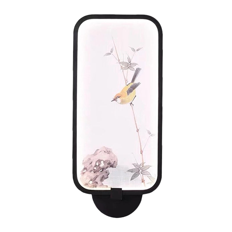 Acrylic Rectangle Wall Mural Light Chinese Style LED Black Wall Mounted Lamp with Bird Pattern