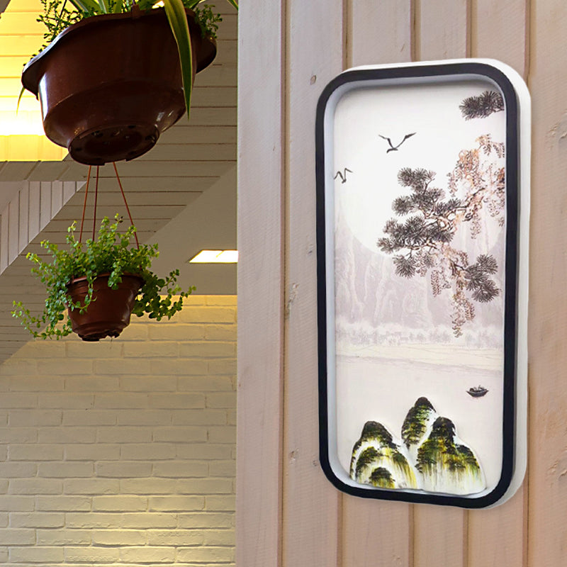 Oriental Rectangle Acrylic Pine Tree Mural Light LED Wall Lighting Idea in Black for Guest Room