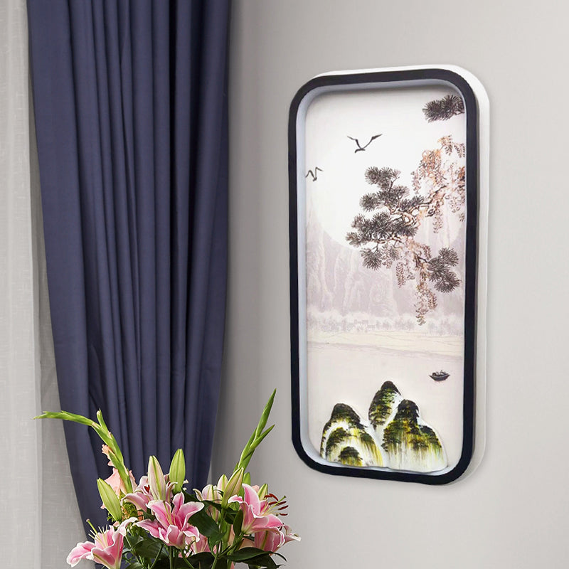 Oriental Rectangle Acrylic Pine Tree Mural Light LED Wall Lighting Idea in Black for Guest Room