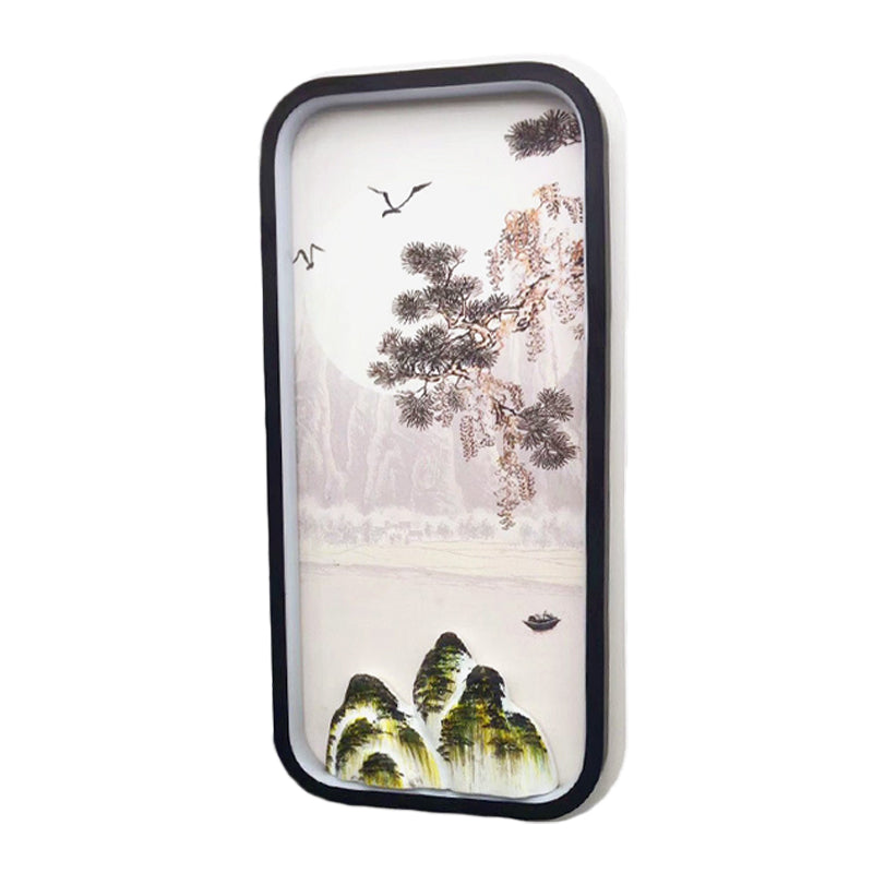 Oriental Rectangle Acrylic Pine Tree Mural Light LED Wall Lighting Idea in Black for Guest Room