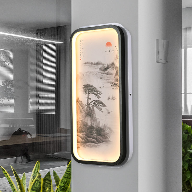 Oriental Rectangle Acrylic Pine Tree Mural Light LED Wall Lighting Idea in Black for Guest Room