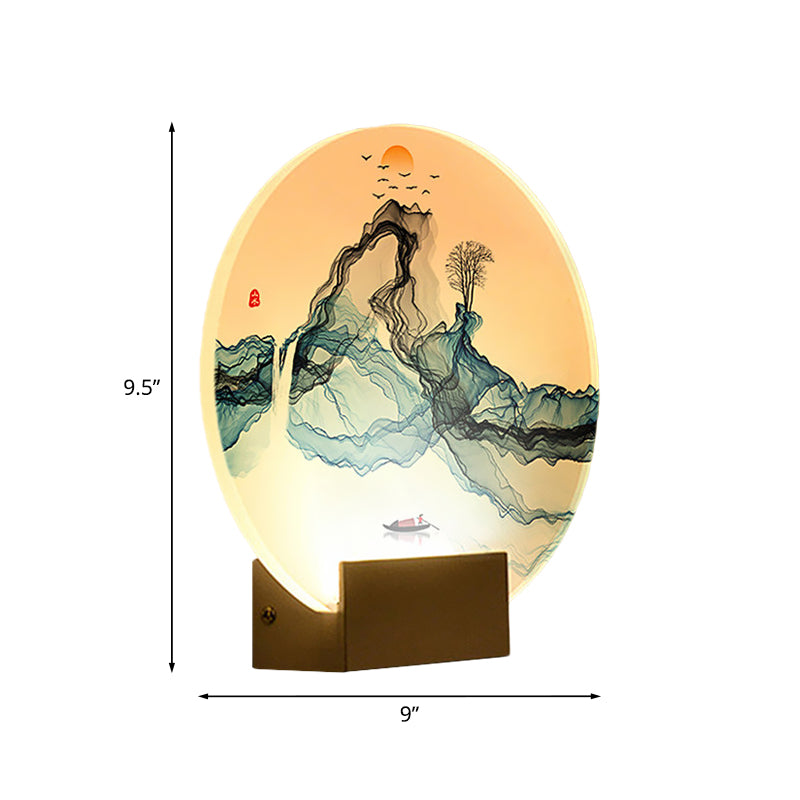 Blue Rounded Wall Mural Lamp Chinese Style LED Acrylic Wall Light Fixture with Mountain and Sun Pattern