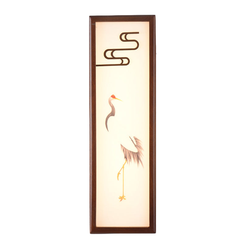 LED Bedside Wall Mounted Light Oriental Style Brown Crane Patterned Wall Mural Lamp with Rectangle Wood Frame