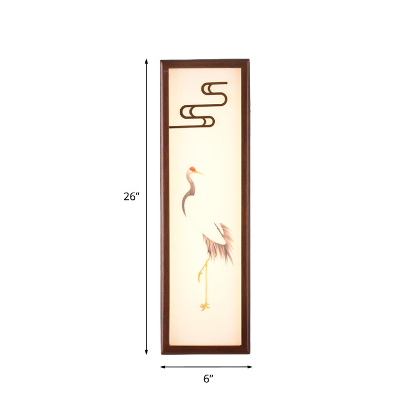 LED Bedside Wall Mounted Light Oriental Style Brown Crane Patterned Wall Mural Lamp with Rectangle Wood Frame