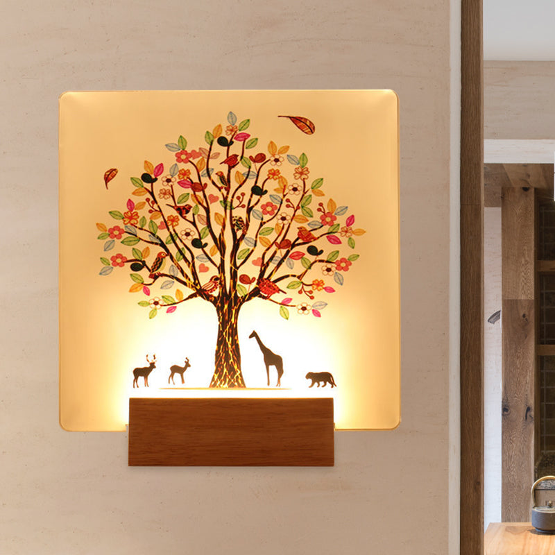 Wood Square Tree and Animal Wall Mural Light Chinese Style LED Acrylic Wall Lighting Fixture