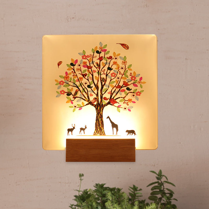 Wood Square Tree and Animal Wall Mural Light Chinese Style LED Acrylic Wall Lighting Fixture